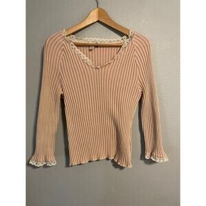 Ribbed Sweater Womens XL Pink Beige Made In Italy Lace Trim Wool Blend Coquette